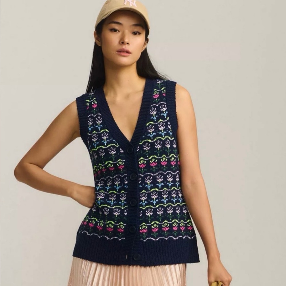 Maeve Anthropologie Tulip Knit Sweater Vest In Navy Size XS